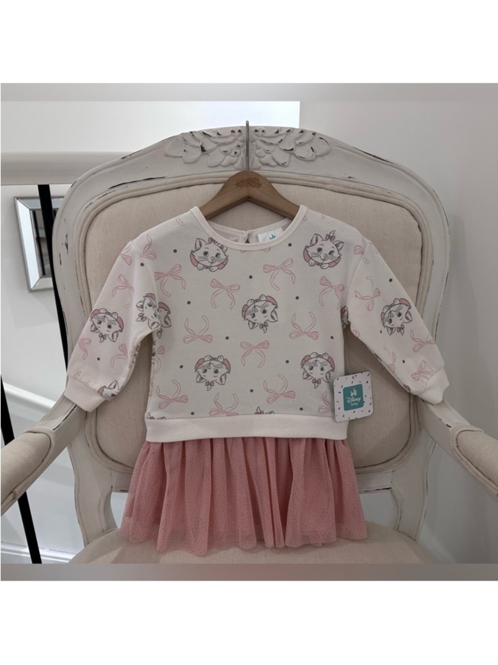 🩰 3~6 Mth Disney Marie Baby Pink and White Dress With Sparkle Skirt NWT